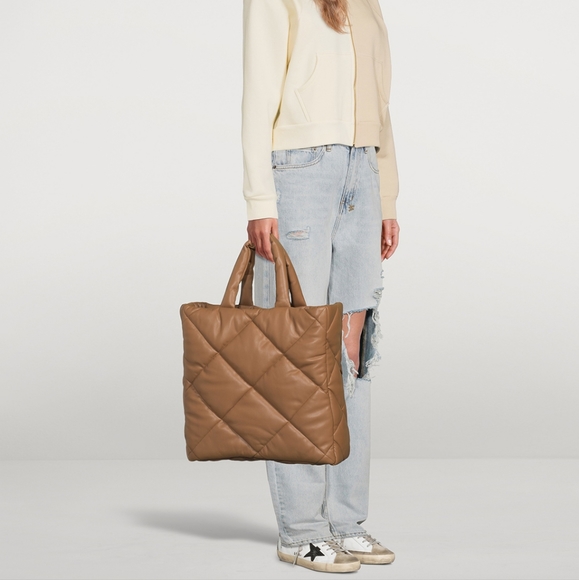 NWT STAND STUDIO Assante Diamond Taupe Brown Faux Leather Quilted Tote Bag - Picture 2 of 11